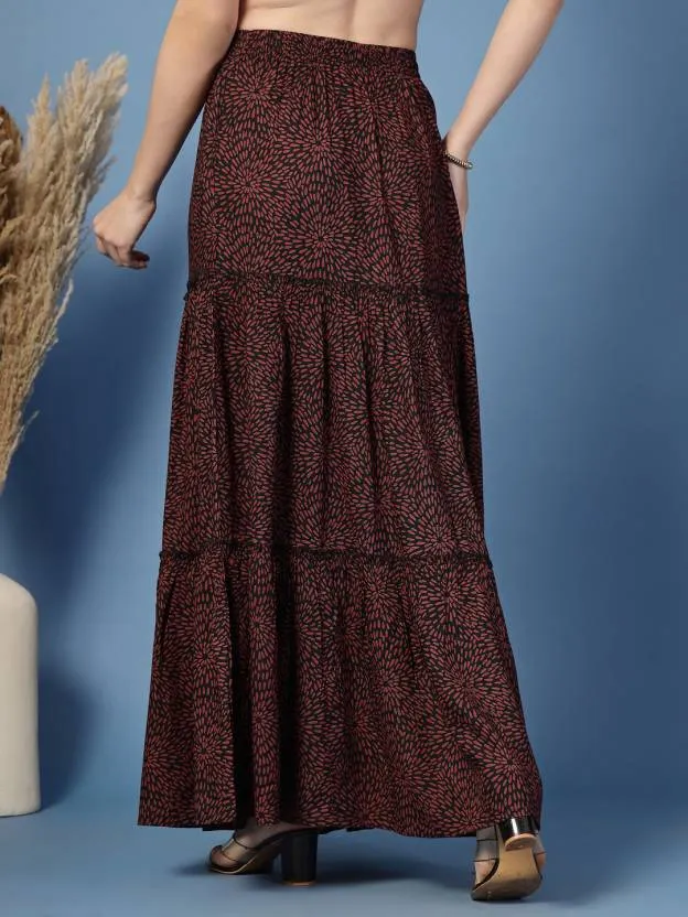Maroon Flared Printed Skirt