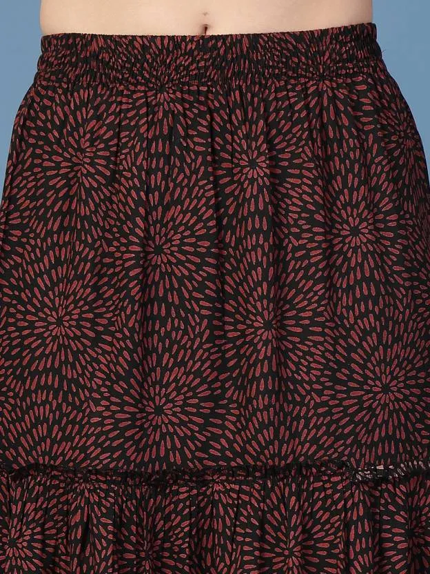 Maroon Flared Printed Skirt
