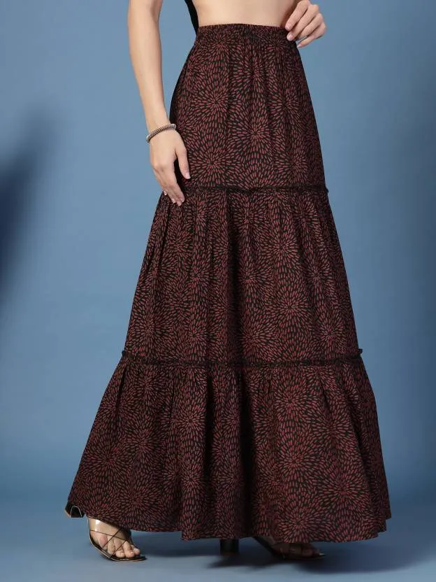 Maroon Flared Printed Skirt