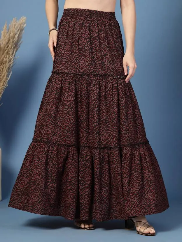Maroon Flared Printed Skirt