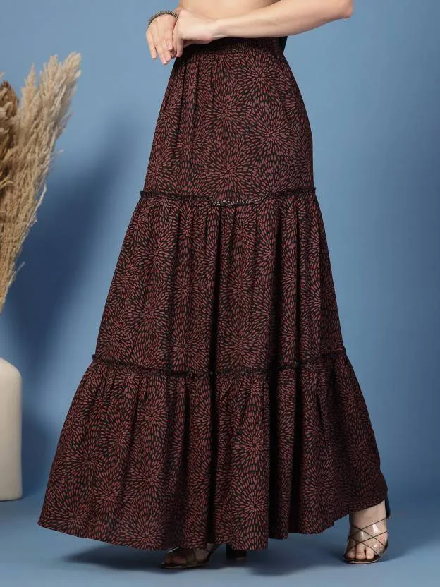 Maroon Flared Printed Skirt
